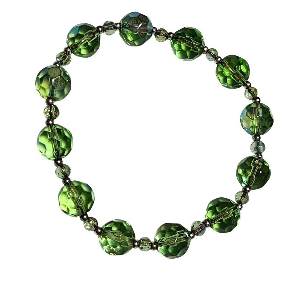 Retro Green Crystal Bead Stretch Bracelet 60s 70s Fashion Jewelry Women